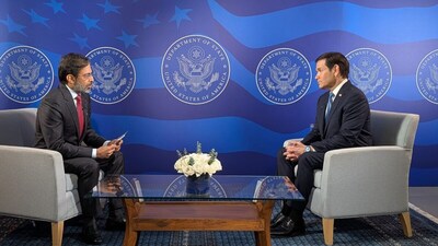 Marco Rubio (right) in conversation with CNN-News18's Rahul Joshi.