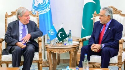 Pakistan's Foreign Minister Ishaq Dar with United Nations Secretary-General António Guterres.