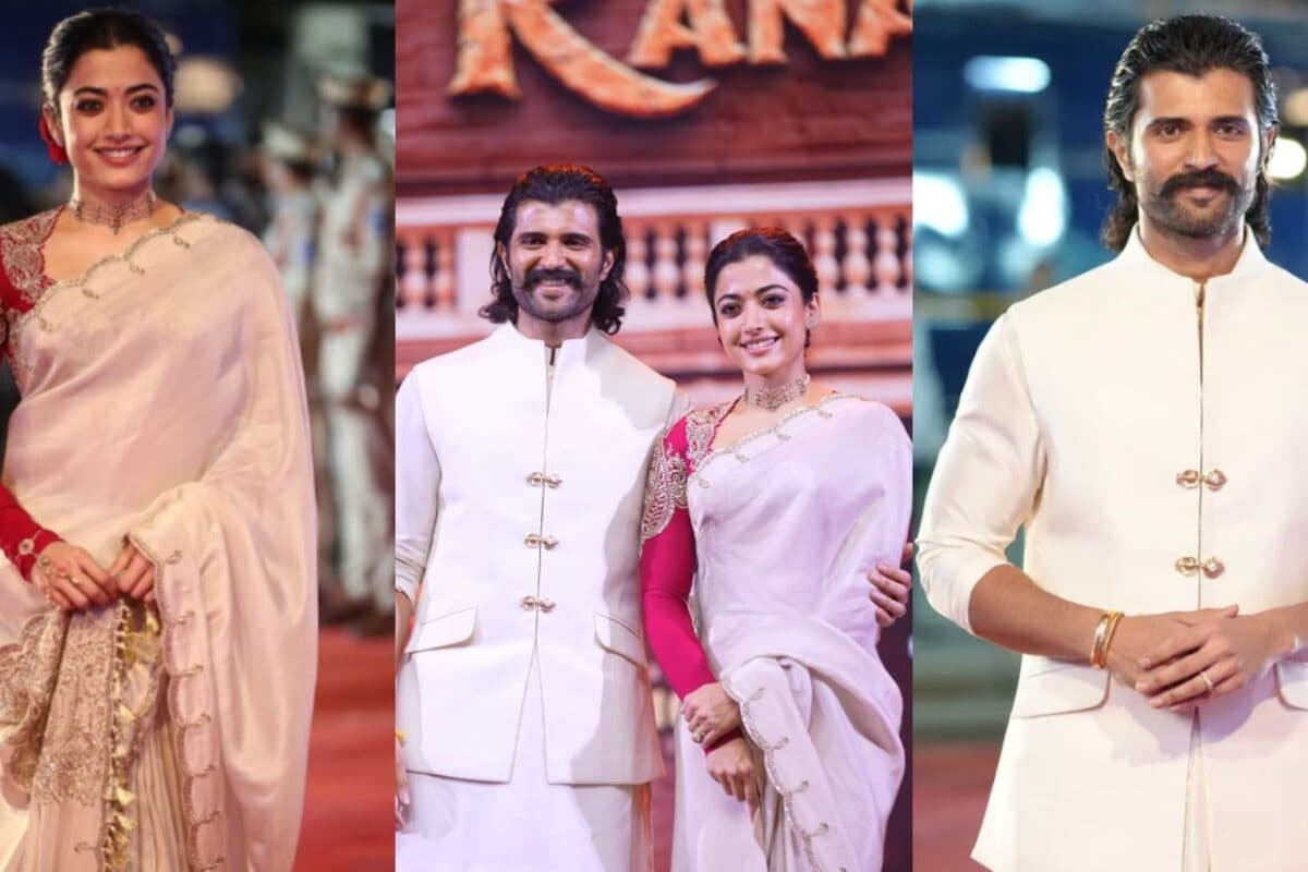 Rashmika Mandanna Goes Ivory And Red, Vijay Deverakonda Picks Custom Anamika Khanna For Ranabaali Event