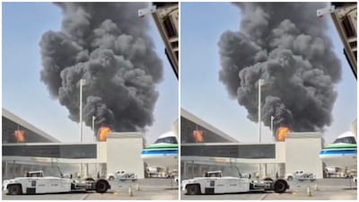 Smoke and flames rise from King Khalid Airport, after Yemen’s Iran-backed Houthis said they attacked the airport, in Riyadh, Saudi Arabia on October 8. (Reuters photo)