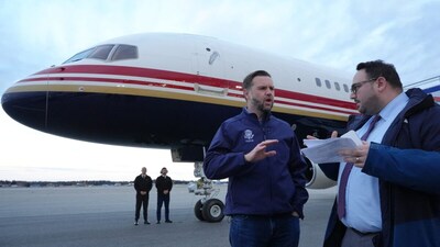 US Vice President JD Vance is interviewed by Reuters reporter Jacob Bogage before a campaign rally at Fairbanks International Airport in Fairbanks, Alaska. (AFP photo)