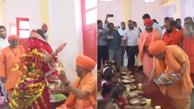 CM Yogi performed aarti, draped each girl in a chunri, and gave her dakshina and gifts.