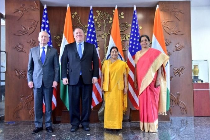 सध्या अमेरिकेचे परराष्ट्र मंत्री माईक पॉम्पियो आणि संरक्षण मंत्री जेम्स मॅटीस मंत्रीस्तरीय चर्चेसाठी भारत दौऱ्यावर आले आहेत. सध्या अमेरिकेचे परराष्ट्र मंत्री माईक पॉम्पियो आणि संरक्षण मंत्री जेम्स मॅटीस मंत्रीस्तरीय चर्चेसाठी भारत दौऱ्यावर आले आहेत.