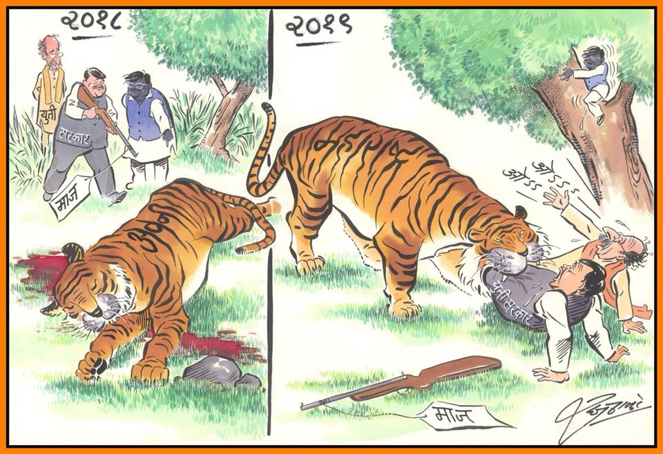 अवनी वाघिणीवरून सध्या सुरू असलेल्या वादाबद्दल राज ठाकरे यांनी फडणवीस सरकारला व्यंगचित्रातून फटकारे मारले आहेत. शिवाय २०१९च्या निवडणुकीत महाराष्ट्राचा वाघ फडणवीस आणि उद्धव यांची काय अवस्था करणार आहे, यावर कुंचल्यातून भाष्य केलं आहे.- अवनी वाघिणीवरून सध्या सुरू असलेल्या वादाबद्दल राज ठाकरे यांनी फडणवीस सरकारला व्यंगचित्रातून फटकारे मारले आहेत. शिवाय २०१९च्या निवडणुकीत महाराष्ट्राचा वाघ फडणवीस आणि उद्धव यांची काय अवस्था करणार आहे, यावर कुंचल्यातून भाष्य केलं आहे.-
