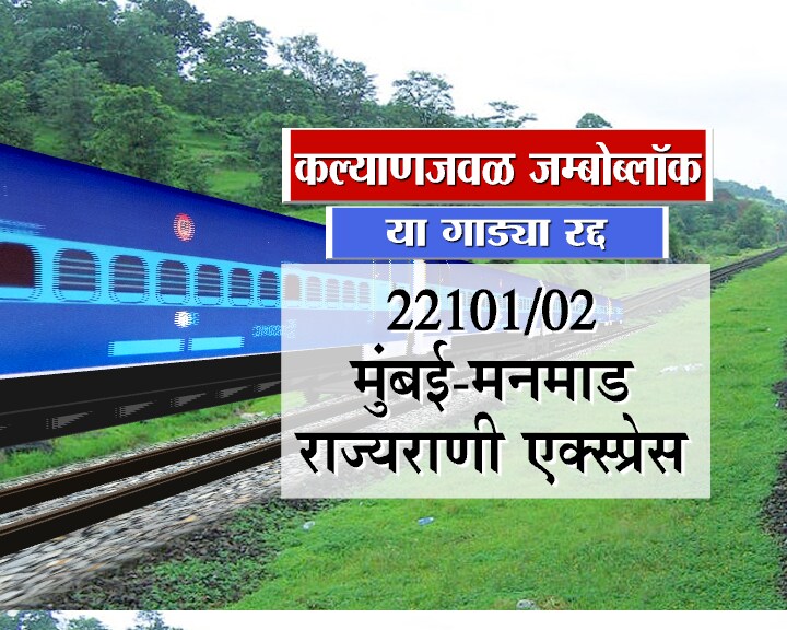 मुंबई सीएसटीहून मनमाडला जाणारी राज्यराणी एक्सप्रेसदेखील पत्रीपुलाच्या कामामुळे रद्द करण्यात आली आहे. मुंबईतून नाशिक जाणाऱ्या प्रवाशांना त्रास होणार आहे. मुंबई सीएसटीहून मनमाडला जाणारी राज्यराणी एक्सप्रेसदेखील पत्रीपुलाच्या कामामुळे रद्द करण्यात आली आहे. मुंबईतून नाशिक जाणाऱ्या प्रवाशांना त्रास होणार आहे.