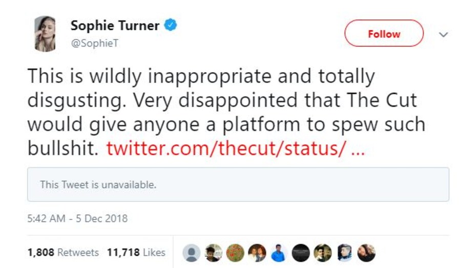 गेम ऑफ थॉर्न्सची अभिनेत्री सोफी टर्नर हिनंही ट्वीट करून याचा निषेध केला. सोफी टर्नर निकच्या भावाची - जो जोनसची गर्लफ्रेंड आहे.
