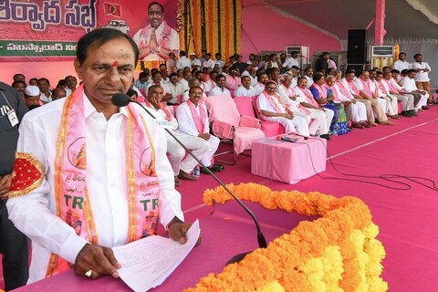 Husnabad: TRS Chief K Chandrasekhar Rao addresses during party's first public meeting since the Assembly was dissolved, in Husnabad, Friday, Sept 7, 2018. (PTI Photo) (PTI9_7_2018_000193B)