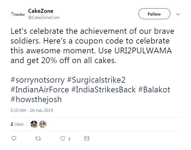 बंगळुरू, हैदराबाद आणि पुण्यात ‘ऑनलाइन सेम डे फ्रेश केक डिलिव्हरी प्लॅटफॉर्म’ केकझोनने एक हॅशटॅग वापरत ग्राहकांना केकवर सूट दिली. या सवलतीचा लाभ घेण्यासाठी ग्राहक URI2PULWAMA हा कोड वापरू शकतात. बंगळुरू, हैदराबाद आणि पुण्यात ‘ऑनलाइन सेम डे फ्रेश केक डिलिव्हरी प्लॅटफॉर्म’ केकझोनने एक हॅशटॅग वापरत ग्राहकांना केकवर सूट दिली. या सवलतीचा लाभ घेण्यासाठी ग्राहक URI2PULWAMA हा कोड वापरू शकतात.