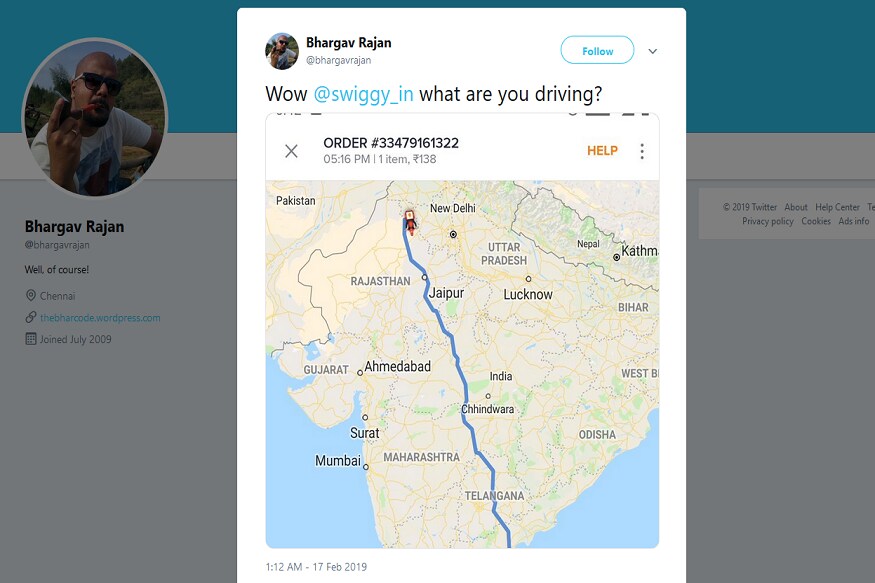 खरंतर, भार्गव राजनने बंगळुरूमध्ये Swiggy च्या माध्यमातून जेवण ऑर्डर केलं होतं. फूड ऑर्डर 138 रुपयांची होती. पण Swiggy ने मैलो दूर असलेल्या राजस्थानमधून ऑर्डर बुक केली आणि Swiggy मॅममध्ये ती 12 मिनिटांत डिलिव्हर होणार असं दाखवलं. खरंतर, भार्गव राजनने बंगळुरूमध्ये Swiggy च्या माध्यमातून जेवण ऑर्डर केलं होतं. फूड ऑर्डर 138 रुपयांची होती. पण Swiggy ने मैलो दूर असलेल्या राजस्थानमधून ऑर्डर बुक केली आणि Swiggy मॅममध्ये ती 12 मिनिटांत डिलिव्हर होणार असं दाखवलं.