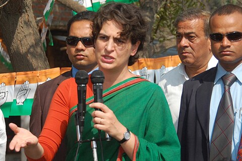 SULTANPUR, INDIA - FEBRUARY 12:  Priyanka Gandhi Vadra addressing a public meeting on February 12, 2012 in Sultanpur, India. Accompanying her brother Rahul Gandhi for first time during election campaign outside Rae Bariley and Amethi, she urged people to vote for Congress candidate. (Photo by Sushil Kumar Ray/ Hindustan Times via Getty Images)