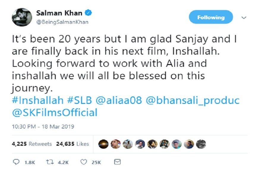 सलमान खाननं सुद्धा या सिनेमाच्या घोषणेनंतर आनंद व्यक्त केला, '20 वर्षांनंतर पुन्हा एकदा भन्साळींसोबत काम करणं खुपच आनंददायी आहे. आलिया सोबत काम करण्यासाठी उत्सुक आहे' असं त्यानं लिहिलं. सलमान खाननं सुद्धा या सिनेमाच्या घोषणेनंतर आनंद व्यक्त केला, '20 वर्षांनंतर पुन्हा एकदा भन्साळींसोबत काम करणं खुपच आनंददायी आहे. आलिया सोबत काम करण्यासाठी उत्सुक आहे' असं त्यानं लिहिलं.