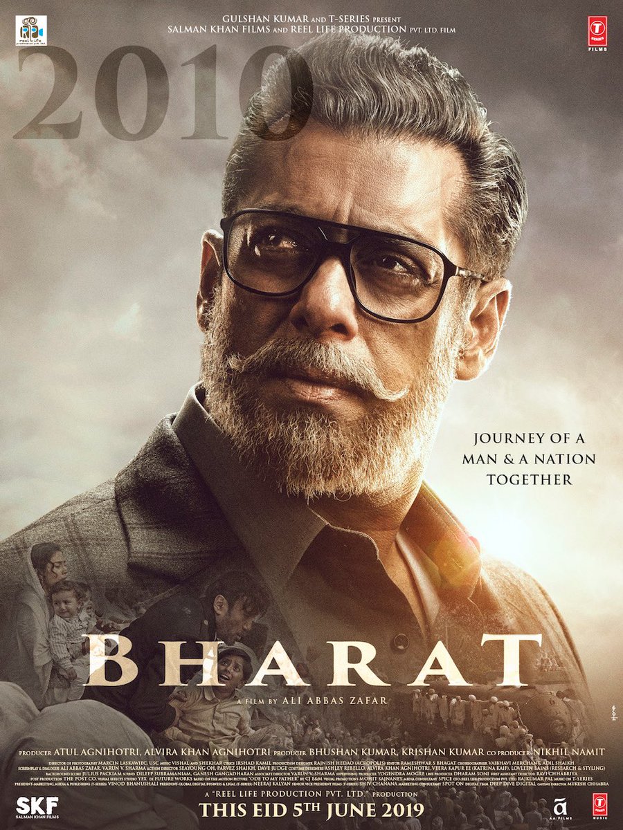भारतच्या या पोस्टरवर 2010 असं लिहिलं असून यात सलमानचा वृद्ध लुक पाहायला मिळत आहे. हे पोस्टर शेअर करताना सलमाननं लिहिलं, 'जेवढे पांढरे केस माझ्या दाढीत आणि डोक्यावर आहेत त्याहून कितीतरी पटींनी माझं आयुष्य रंगीत आहे.' भारतच्या या पोस्टरवर 2010 असं लिहिलं असून यात सलमानचा वृद्ध लुक पाहायला मिळत आहे. हे पोस्टर शेअर करताना सलमाननं लिहिलं, 'जेवढे पांढरे केस माझ्या दाढीत आणि डोक्यावर आहेत त्याहून कितीतरी पटींनी माझं आयुष्य रंगीत आहे.'