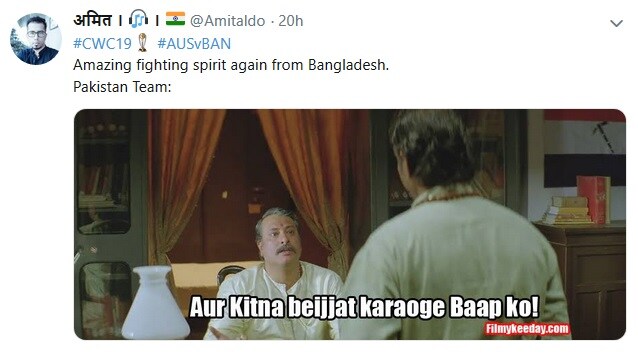ऑस्ट्रेलियाने विजयासह पहिल्या स्थानावर झेप घेतली आहे. बांगलादेश गुणतक्त्यात पाचव्या स्थानावर आहे. दरम्यान या सामन्यावेळी पाकिस्तानला ट्रोल करण्यात आलं. ऑस्ट्रेलियाने विजयासह पहिल्या स्थानावर झेप घेतली आहे. बांगलादेश गुणतक्त्यात पाचव्या स्थानावर आहे. दरम्यान या सामन्यावेळी पाकिस्तानला ट्रोल करण्यात आलं.