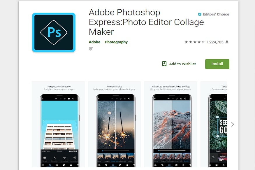 Adobe Photoshop Express कम्प्युटरवर अॅडोब फोटोशॉप हे सॉफ्टवेअर फोटो एडिटिंगसाठी वापरलं जातं. ते मोबाईवरसुद्धा उपलब्ध आहे. अँड्रॉइड, आयओएस आणि विंडोज फोनच्या प्ले स्टोअरवरून हे डाऊनलोड करता येतं. या अॅपमध्ये इतर अॅपपेक्षा जास्त ऑप्शन आहेत. ज्यामुळं वेगवेगळे इफेक्ट देऊन फोटो एडिट करता येतो. Adobe Photoshop Express कम्प्युटरवर अॅडोब फोटोशॉप हे सॉफ्टवेअर फोटो एडिटिंगसाठी वापरलं जातं. ते मोबाईवरसुद्धा उपलब्ध आहे. अँड्रॉइड, आयओएस आणि विंडोज फोनच्या प्ले स्टोअरवरून हे डाऊनलोड करता येतं. या अॅपमध्ये इतर अॅपपेक्षा जास्त ऑप्शन आहेत. ज्यामुळं वेगवेगळे इफेक्ट देऊन फोटो एडिट करता येतो.