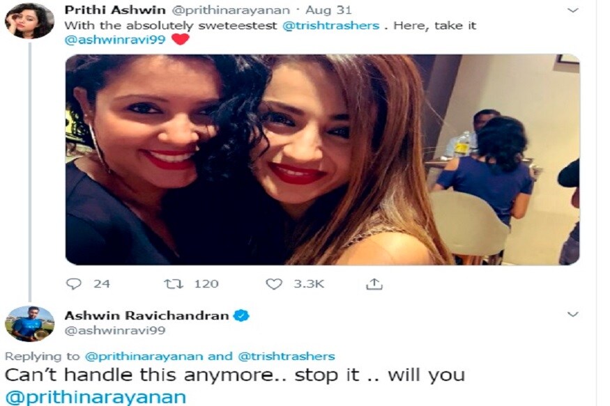 अश्विन अभिनेत्री त्रिशाचा मोठा चाहता आहे. शाळेत असल्यापासून त्याला त्रिशा आवडते. एका मुलाखतीत त्यानं शाळेत असतानाच आपण त्रिशाच्या नावानं एक फॅन क्लब सुरू केल्याचं सांगितलं होतं. अश्विनची पत्नी नेहमीच त्याला चिडवत असते. याआधी त्याच्या विंडीजमधील एका फोटोवरूनही तिनं चिडवलं होतं. अश्विन अभिनेत्री त्रिशाचा मोठा चाहता आहे. शाळेत असल्यापासून त्याला त्रिशा आवडते. एका मुलाखतीत त्यानं शाळेत असतानाच आपण त्रिशाच्या नावानं एक फॅन क्लब सुरू केल्याचं सांगितलं होतं. अश्विनची पत्नी नेहमीच त्याला चिडवत असते. याआधी त्याच्या विंडीजमधील एका फोटोवरूनही तिनं चिडवलं होतं.