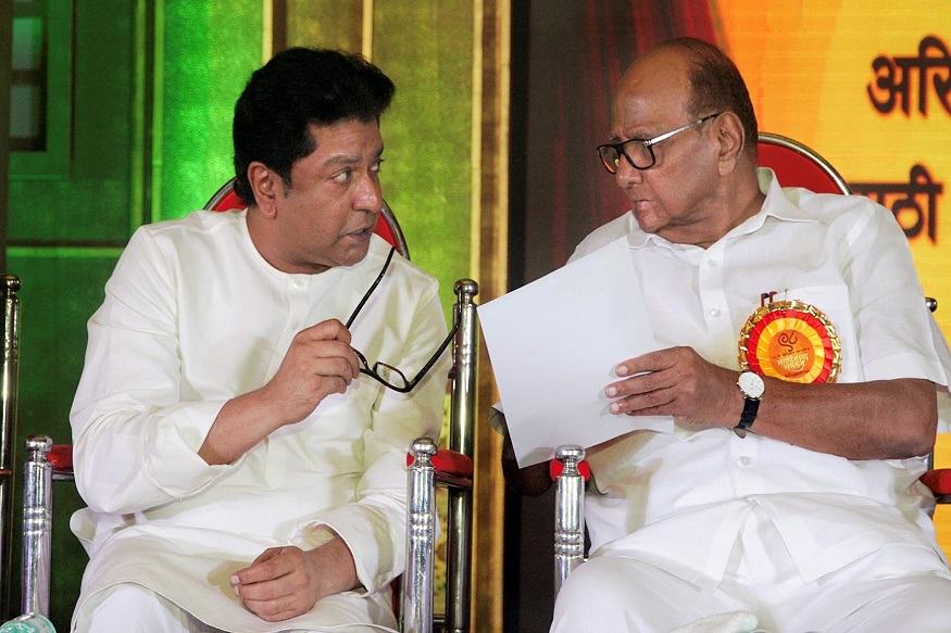 Mumbai: NCP chief Sharad Pawar with MNS President Raj Thackeray during the opening ceremony of  98th Akhil Bharatiya Marathi Natya Sammelan in Mulund, Mumbai on Wednesday night, June 13, 2018. (PTI Photo)(PTI6_14_2018_000038B)