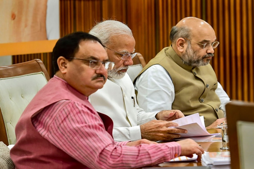New Delhi: Prime Minister Narendra Modi flanked by Union Home Minister Amit Shah and BJP Working President JP Nadda during party's Central Election Committee (CEC) meeting, in New Delhi, Sunday, Sept. 29, 2019. (PTI Photo/Arun Sharma) (PTI9_29_2019_000133B)