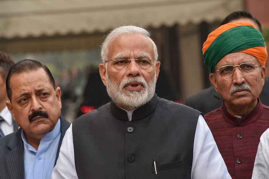 New Delhi: Prime Minister Narendra Modi addresses the media on the first day of the Winter Session of  Parliament, in New Delhi, Tuesday, Dec.11, 2018. MoS Arjun Ram Meghwal and Minister of State at Prime Minister’s Office Jitendra Singh are also seen. (PTI Photo/Manvender Vashist)(PTI12_11_2018_000092B)