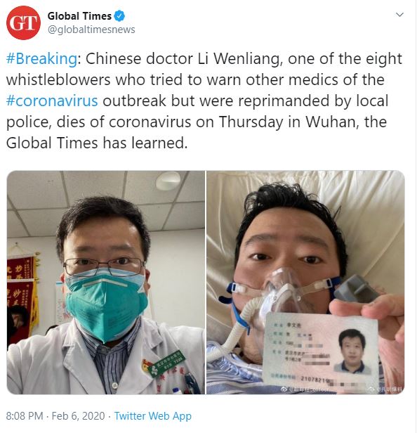 Coronavirus : जगाला 'कोरोना'चा इशारा देणाऱ्या डॉक्टरचाच व्हायरसनं घेतला बळी