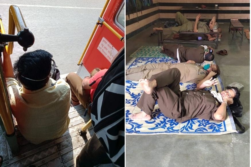 बेस्ट कर्मचाऱ्यांना - विशेषतः चालक- वाहकांना रोजच्या तुलनेत फेऱ्या कमी असल्या तरीही दररोज असा जीव धोक्यात घालत कामावर यावंच लागतं. बेस्ट कर्मचाऱ्यांना - विशेषतः चालक- वाहकांना रोजच्या तुलनेत फेऱ्या कमी असल्या तरीही दररोज असा जीव धोक्यात घालत कामावर यावंच लागतं.