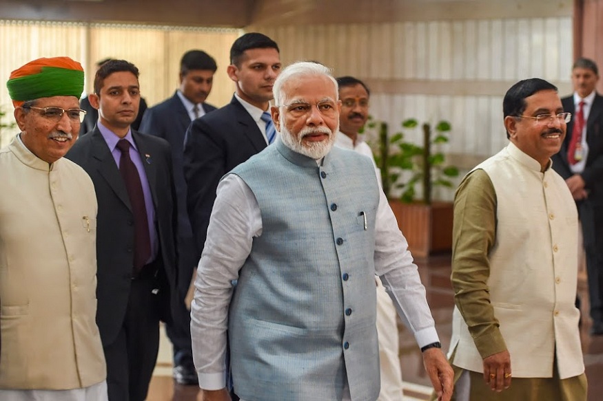 New Delhi: Prime Minister Narendra Modi,  Parliamentary Affairs Minister Pralhad Joshi and MoS Parliamentary Affairs Arjun Ram Meghwal arrive to attend the BJP Parliamentary Party Meeting at Parliament Library Building in New Delhi, Tuesday, March 3, 2020. (PTI Photo/Shahbaz Khan)(PTI03-03-2020_000028B)