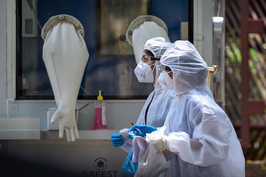 Mumbai: Medics walk past a new swab testing cabin at Podar hospital in Worli during a nationwide lockdown in the wake of coronavirus pandemic, in Mumbai, Sunday, April 19, 2020. (PTI Photo/Kunal Patil)(PTI19-04-2020_000179B)