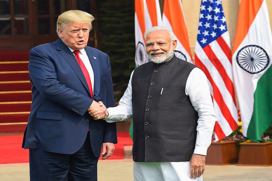 New Delhi: Prime Minister Narendra Modi shakes hands with US President Donald Trump prior to their meeting at Hyderabad House, in New Delhi, Tuesday, Feb. 25, 2020. (PTI Photo/Kamal Singh)(PTI2_25_2020_000183B)