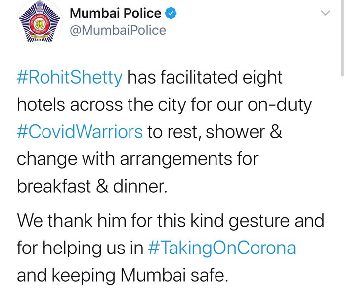 मुंबई पोलिसांनी ट्विटरवर एक पोस्ट करुन रोहित शेट्टीचे आभार मानले आहेत. 