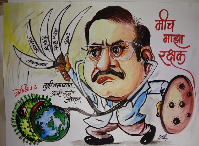 कोरोनापासून वाचण्यासाठी कोणती काळजी घेतली पाहिजे याचाही मेसेज व्यंगचित्रांमधून देण्यात आला आहे. (Photo Credit- सुनील नेटके)