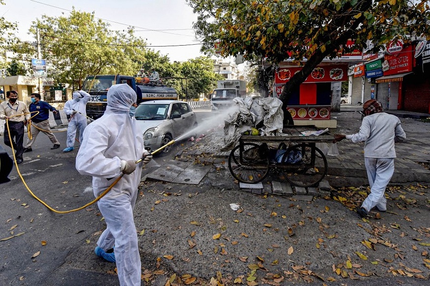 New Delhi: North MCD workers sanitise a locality in Model Town in view of coronavirus outbreak, during the ongoing nationwide lockdown, in New Delhi, Monday, April 6, 2020. (PTI Photo/Manvender Vashist) (PTI06-04-2020_000208B)