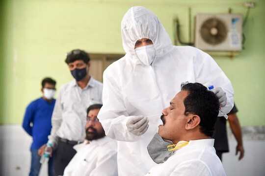 Navi Mumbai: Shiv Sena MP Rajan Vichare being tested for COVID-19 during the nationwide lockdown to curb the spread of coronavirus, in Navi Mumbai, Saturday, April 18, 2020. (PTI Photo)(PTI18-04-2020_000127B)