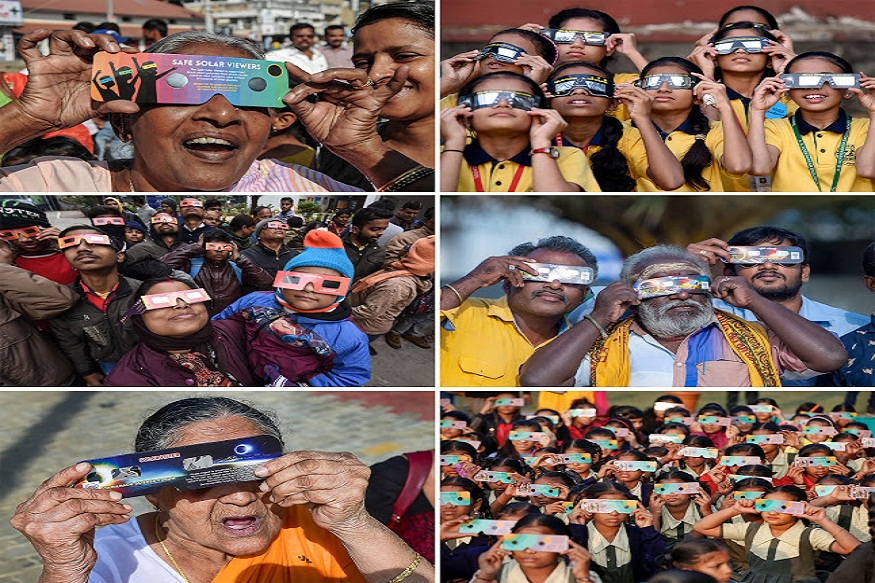 New Delhi: Combo picture shows people at various places witnessing the annular solar eclipse, Thursday, Dec. 26, 2019. (PTI Photo) (PTI12_26_2019_000174B)