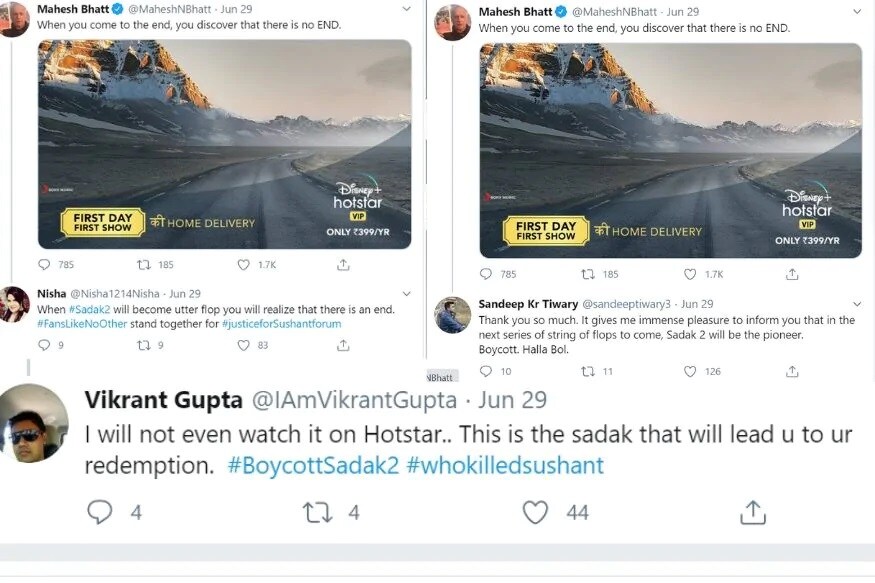 सडक 2 हा सिनेमा ओटीट प्लॅटफॉर्मवर हॉटस्टारवर प्रदर्शित होणार आहे. त्यामुळे काहींनी तर अशा कमेंट्स केल्या आहेत की आता आम्ही हॉटस्टार देखील पाहणार नाही. सडक 2 हा सिनेमा ओटीट प्लॅटफॉर्मवर हॉटस्टारवर प्रदर्शित होणार आहे. त्यामुळे काहींनी तर अशा कमेंट्स केल्या आहेत की आता आम्ही हॉटस्टार देखील पाहणार नाही.