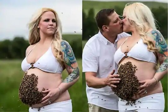 अरे बापरे! पोटावर ठेवल्या मधमाशा; वाचा महिलेनं का केलं असं Maternity photoshoot