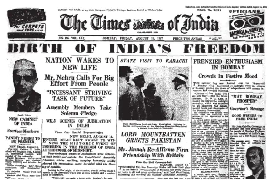 टाइम्स ऑफ इंडियाने आपल्या पहिल्या पानावर लिहिलं, भारताच्या स्वतंत्रतेचा जन्म झाला. भारताला स्वतंत्रता मिळालं अशी हेडलाइन होती. टाइम्स ऑफ इंडियाने आपल्या पहिल्या पानावर लिहिलं, भारताच्या स्वतंत्रतेचा जन्म झाला. भारताला स्वतंत्रता मिळालं अशी हेडलाइन होती.