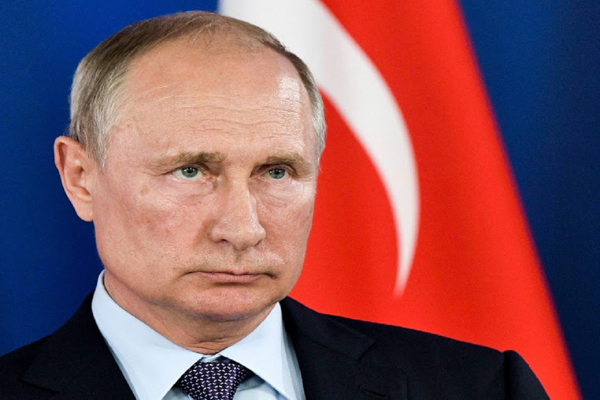 Russian President Vladimir Putin attends a joint news conference with Turkish President Recep Tayyip Erdogan following their talks on the sidelines of the MAKS-2019 International Aviation and Space Show in Zhukovsky, outside Moscow, Russia, Tuesday, Aug. 27, 2019. Turkish President is on a short working visit in Russia.(Alexei Nikolsky, Sputnik, Kremlin Pool Photo via AP)