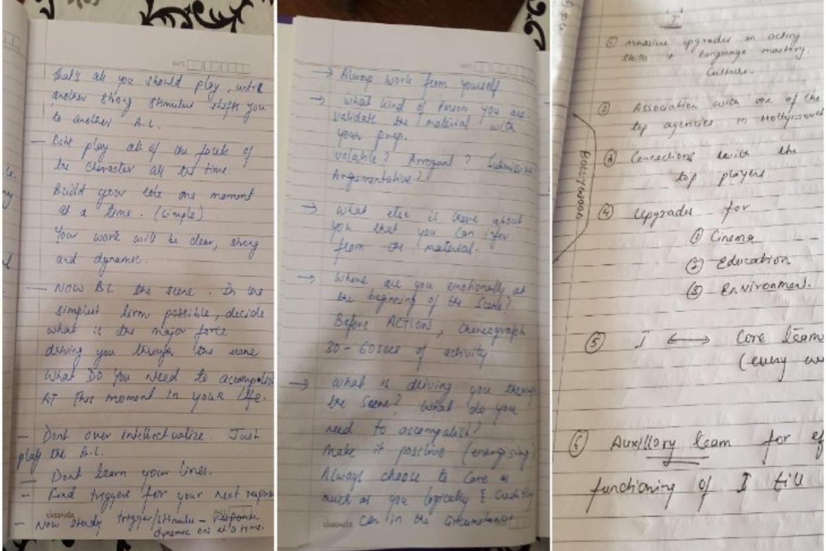 डायरीत सुशांतने आपल्या चित्रपटांची स्क्रिप्ट, बॉलिवूड, ह़ॉलिवूड आणि कंपनीबाबत लिहिलं आहे. सीन अधिक प्रभावशाली व्हावा यासाठी काय नियम वापरता येऊ शकतात, अभिनेत्याने तयारी कशी करावी हे देखील लिहिलं आहे. डायरीत सुशांतने आपल्या चित्रपटांची स्क्रिप्ट, बॉलिवूड, ह़ॉलिवूड आणि कंपनीबाबत लिहिलं आहे. सीन अधिक प्रभावशाली व्हावा यासाठी काय नियम वापरता येऊ शकतात, अभिनेत्याने तयारी कशी करावी हे देखील लिहिलं आहे.