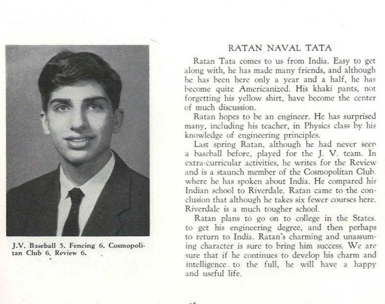मुंबई आणि शिमलामध्ये शिक्षण पूर्ण केल्यानंतर रतन टाटा (Ratan Tata) यांनी 1955 मध्ये न्यूयॉर्क शहर (New York City) मधील रिवरडेल कंट्री स्कूल (Riverdale Country School) मधून आपलं शालेय शिक्षण पूर्ण केलं. गुरुवारी 82 वर्षीय रतन टाटा (Ratan Tata) यांनी #ThrowbackThursday हैशटेग सह आपल्या शाळेतील काही फोटो शेअर केले. मुंबई आणि शिमलामध्ये शिक्षण पूर्ण केल्यानंतर रतन टाटा (Ratan Tata) यांनी 1955 मध्ये न्यूयॉर्क शहर (New York City) मधील रिवरडेल कंट्री स्कूल (Riverdale Country School) मधून आपलं शालेय शिक्षण पूर्ण केलं. गुरुवारी 82 वर्षीय रतन टाटा (Ratan Tata) यांनी #ThrowbackThursday हैशटेग सह आपल्या शाळेतील काही फोटो शेअर केले.