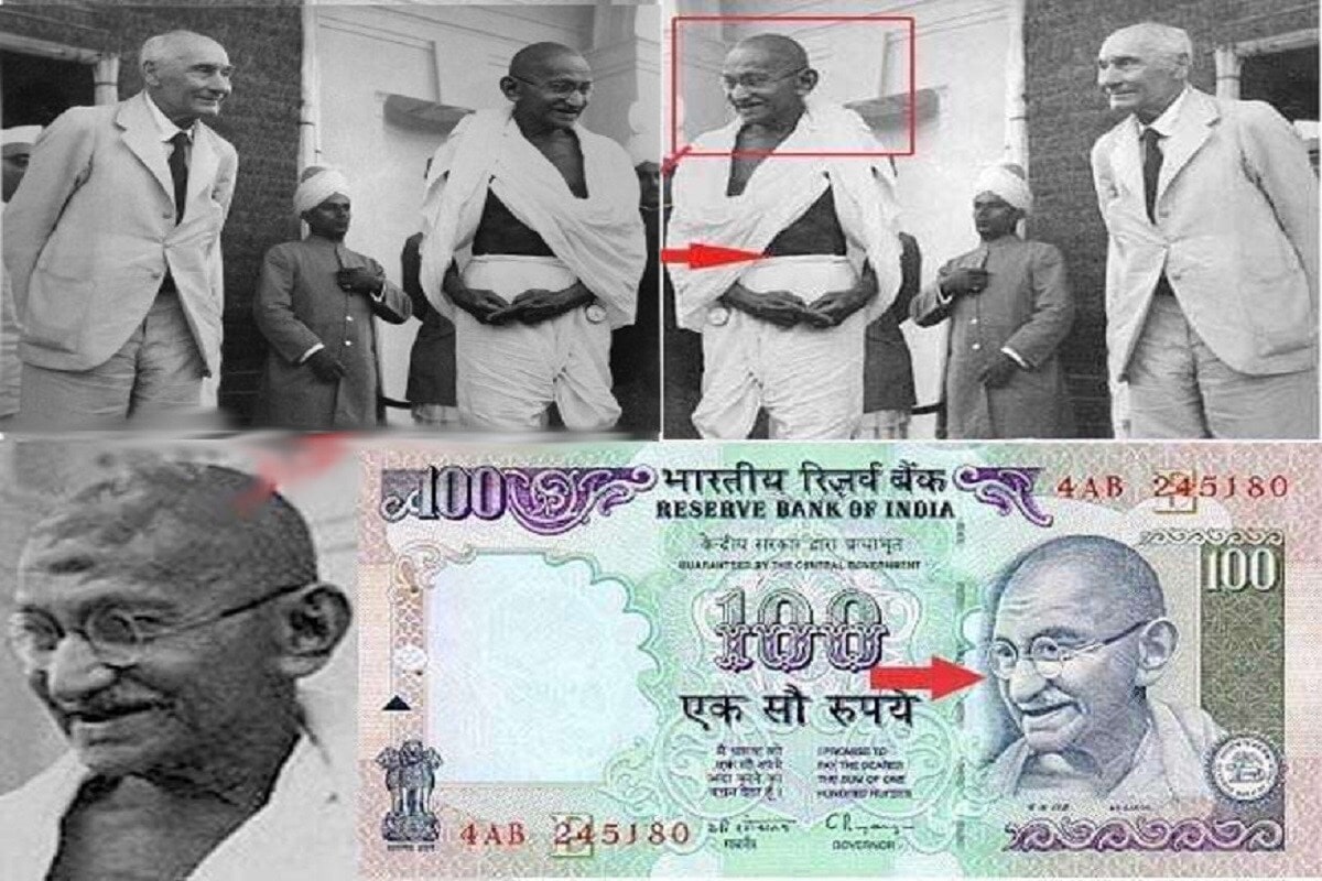 महात्मा गांधींचे जेवढे पोट्रेट आपल्याकडे उपलब्ध होते, त्यातल्या एका पोट्रेटचा वापर नोटांवरील फोटोसाठी करण्यात आला.ऑक्टोबर 1987 मध्ये सर्वात आधी या पोट्रेटवरील फोटोचा वापर 500च्या नोटेसाठी करण्यात आला. त्यानंतर हाच फोटो अन्य नोटांवर वापरात येऊ लागला. महात्मा गांधींचे जेवढे पोट्रेट आपल्याकडे उपलब्ध होते, त्यातल्या एका पोट्रेटचा वापर नोटांवरील फोटोसाठी करण्यात आला.ऑक्टोबर 1987 मध्ये सर्वात आधी या पोट्रेटवरील फोटोचा वापर 500च्या नोटेसाठी करण्यात आला. त्यानंतर हाच फोटो अन्य नोटांवर वापरात येऊ लागला.