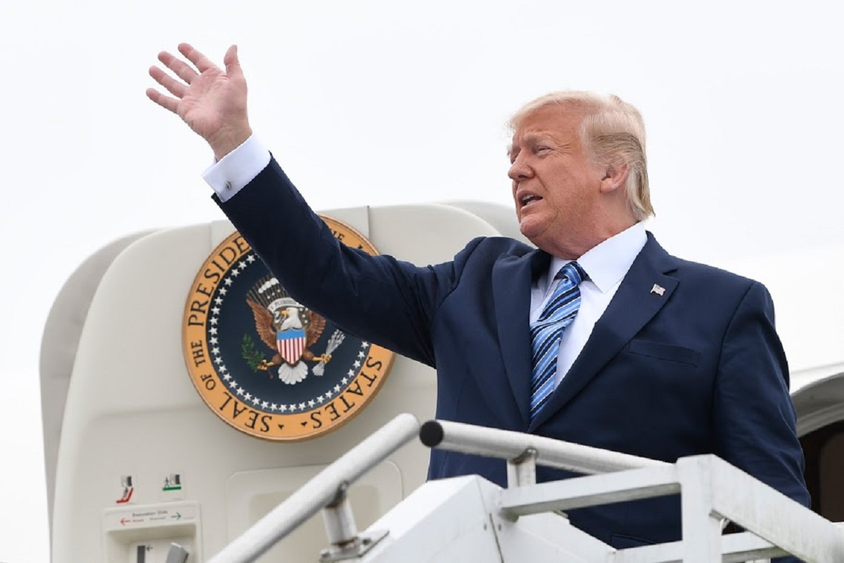 President Donald Trump walks down the steps of Air Force One at Pittsburgh International Airport in Coraopolis, Pa., Tuesday, Aug. 13, 2019. Trump is heading to Monaca, Pa., to tour Shell's soon-to-be completed Pennsylvania Petrochemicals Complex. The facility, which critics claim will become the largest air polluter in western Pennsylvania, is being built in an area hungry for investment. (AP Photo/Susan Walsh)
