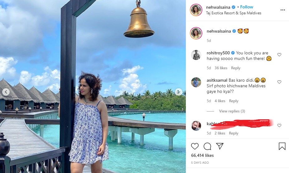 काहींनी तर सायनाला फक्त फोटो काढण्यासाठीच मालदीवला गेला आहात का? असंही विचारलं, तर एकाने आता मालदीवचे फोटो बघवतही नाहीत, अशी प्रतिक्रिया दिली. काहींनी तर सायनाला फक्त फोटो काढण्यासाठीच मालदीवला गेला आहात का? असंही विचारलं, तर एकाने आता मालदीवचे फोटो बघवतही नाहीत, अशी प्रतिक्रिया दिली.