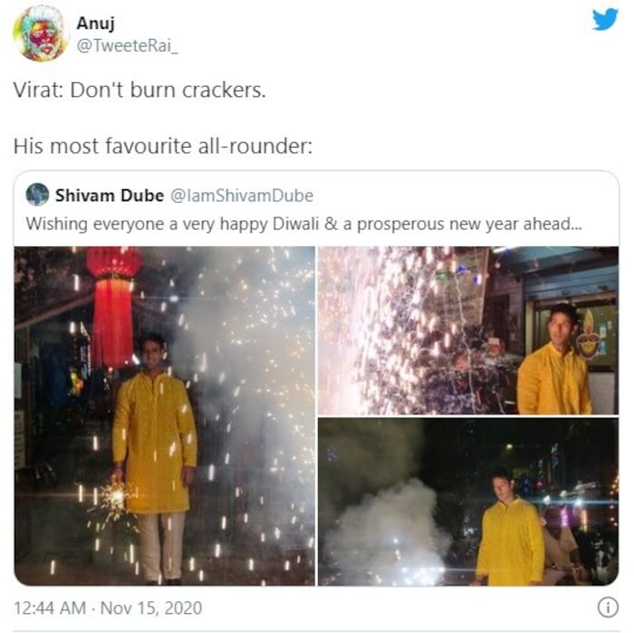 पुन्हा एकदा चाहत्यांनी विराटला ट्रोल करण्यास सुरुवात केली आहे. कारण RCB संघातील अष्टपैलू खेळाडू शिवम दुबेनं दिवाळीच्या शुभेच्छा देताना सोशल मीडियावर फटाके फोडतानाचे फोटो टाकले. 