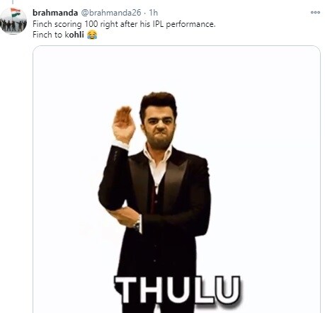 ऑस्ट्रेलियाचा कर्णधार असलेल्या फिंचने शतक केलं असलं तरी त्यामुळे भारतीय कर्णधार विराट कोहलीला वाईट पद्धतीने ट्रोल करण्यात आलं. यंदाच्या आयपीएलमध्ये एरॉन फिंच कोहलीच्या नेतृत्वात बँगलोरकडून खेळला. ऑस्ट्रेलियाचा कर्णधार असलेल्या फिंचने शतक केलं असलं तरी त्यामुळे भारतीय कर्णधार विराट कोहलीला वाईट पद्धतीने ट्रोल करण्यात आलं. यंदाच्या आयपीएलमध्ये एरॉन फिंच कोहलीच्या नेतृत्वात बँगलोरकडून खेळला.