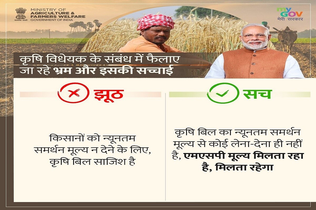 किमान आधारभूत किमतीबद्दल सरकारनं आपली भूमिका स्पष्ट केली असून यामध्ये काहीही फसवणूक नसल्याचं म्हटलं आहे. या शेती विधेयकाचा किमान आधारभूत किमतीशी काहीही संबंध नाही. शेतकऱ्यांना पूर्वीप्रमाणेच किमान आधारभूत किंमत (MSP) मिळणार आहे. (फोटो सौजन्य - Twitter/@MyGovHindi) किमान आधारभूत किमतीबद्दल सरकारनं आपली भूमिका स्पष्ट केली असून यामध्ये काहीही फसवणूक नसल्याचं म्हटलं आहे. या शेती विधेयकाचा किमान आधारभूत किमतीशी काहीही संबंध नाही. शेतकऱ्यांना पूर्वीप्रमाणेच किमान आधारभूत किंमत (MSP) मिळणार आहे. (फोटो सौजन्य - Twitter/@MyGovHindi)