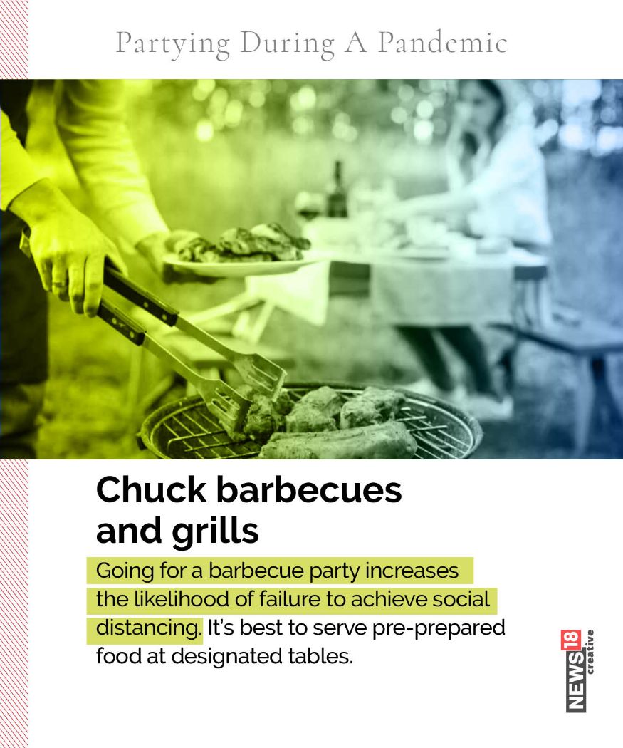 बार्बेक्यू आणि ग्रील खाद्य टाळा अनेकदा पार्टीमध्ये बार्बेक्यू(barbeque) आणि ग्रील्ड (Grilled) खाद्यपदार्थांना जास्त मागणी असते. परंतु यामध्ये गर्दी होण्याचा खूप धोका असतो. यामुळे पार्टीमध्ये तयार खाद्यपदार्थ घेतल्यास तुम्हाला गर्दीमध्ये जावं लागणार नाही. (Image: Network18 Graphics) बार्बेक्यू आणि ग्रील खाद्य टाळा अनेकदा पार्टीमध्ये बार्बेक्यू(barbeque) आणि ग्रील्ड (Grilled) खाद्यपदार्थांना जास्त मागणी असते. परंतु यामध्ये गर्दी होण्याचा खूप धोका असतो. यामुळे पार्टीमध्ये तयार खाद्यपदार्थ घेतल्यास तुम्हाला गर्दीमध्ये जावं लागणार नाही. (Image: Network18 Graphics)
