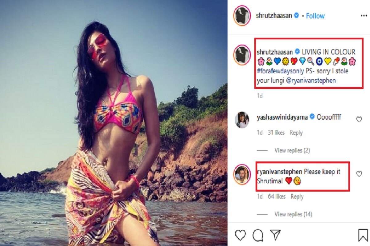 रेयान स्टीफन (Ryan Stephen) या व्यक्तीची लुंगी चोरल्याचं श्रुतीनं म्हटलं आहे. तिने या पोस्टमध्ये रेयानला टॅग देखील केलं आहे. त्यावर रेयानने अशी कमेंट केली आहे की, 'तु ती (लुंगी) तुझ्याकडे ठेवू शकतेस श्रुतीमा'. रेयान एक बॉलिवूड चित्रपट निर्माता आहे. रेयान स्टीफन (Ryan Stephen) या व्यक्तीची लुंगी चोरल्याचं श्रुतीनं म्हटलं आहे. तिने या पोस्टमध्ये रेयानला टॅग देखील केलं आहे. त्यावर रेयानने अशी कमेंट केली आहे की, 'तु ती (लुंगी) तुझ्याकडे ठेवू शकतेस श्रुतीमा'. रेयान एक बॉलिवूड चित्रपट निर्माता आहे.