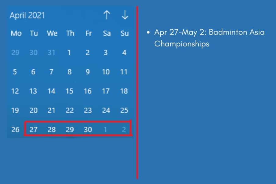 27 एप्रिल ते 2 मे दरम्यान आशियायी बॅडमिंटन चॅम्पियनशिप (Asia Badminton) स्पर्धा पार पडणार आहे. 
