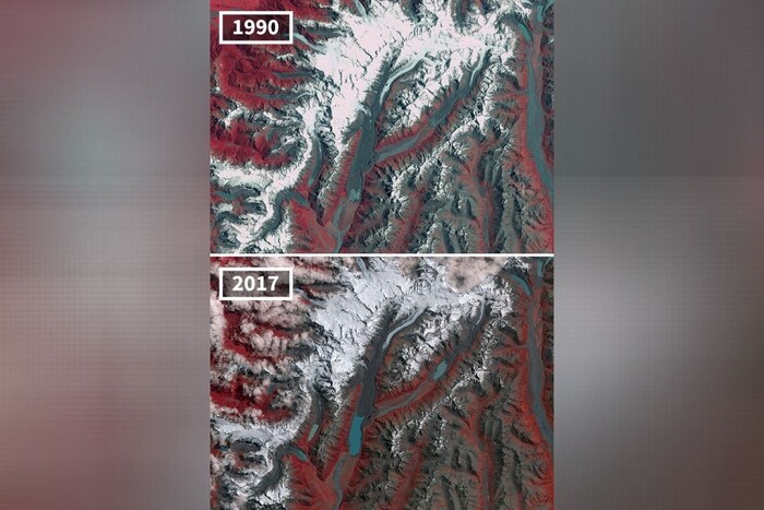 न्यूझीलंडमध्ये छोटे होत जाणारे ग्लेशिअर - न्यूझीलंडमध्ये मोठ्या प्रमाणात ग्लेशिअर आहेत. परंतु ते 1890 सालापासून घटत आहेत. या देशात 3 हजार ग्लेशिअर असून बदलत्या तापमानामुळे हे ग्लेशिअर नष्ट होत आहेत. 2007 मध्ये वैज्ञानिकांच्या असे लक्षात आले की, ग्लोबर वॉर्मिंगमुळे हे ग्लेशियर नष्ट होत आहेत. 1990 ते 2017 या काळात कमी होत गेलेली ग्लेशिअरची संख्या या फोटोमध्ये स्पष्टपणे दिसून येत आहे. (फोटो: boredpanda.com)