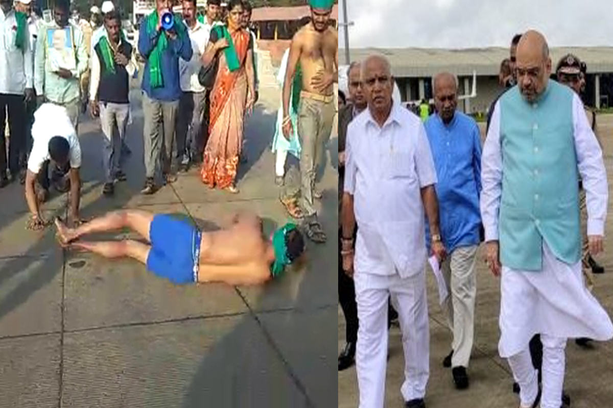 लोटांगण घालून कर्नाटकच्या शेतकऱ्यांनी दिल्या अमित शहांविरोधात घोषणाबाजी, VIDEO
