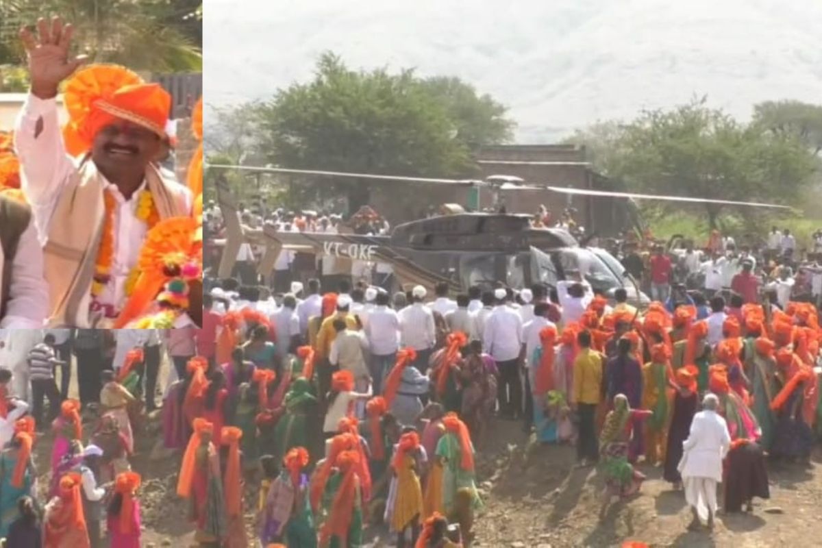 अख्खा महाराष्ट्र पाहत राहिला; शपथविधीसाठी नगरमधील सरपंचसाहेबांची हेलिकॉप्टरने एन्ट्री, पाहा VIDEO